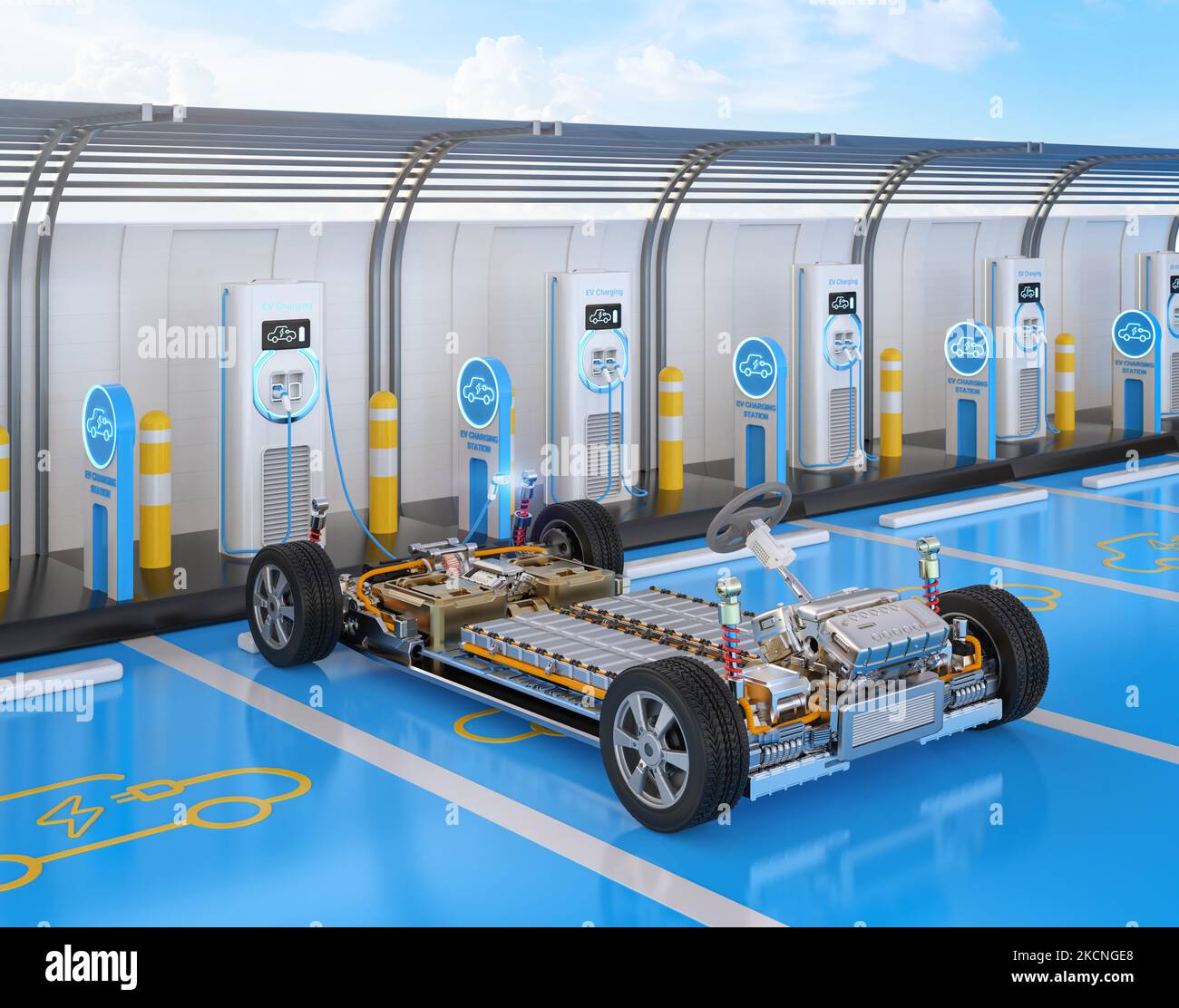 3d rendering electric car battery plug in with ev charging station ...