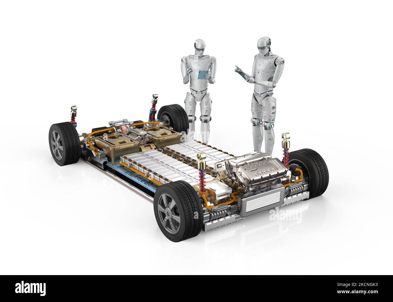 Electric car research and development with 3d rendering robot study ev