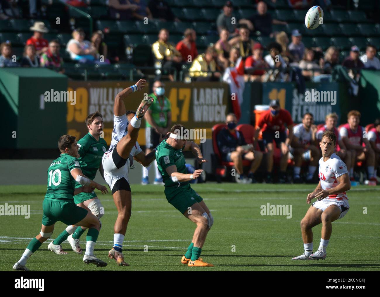 Hong Kong 7S vs Ireland 7S, HSBC World Rugby Seven Series 7th Place Play-Off match at the Commonwealth Stadium in Edmonton. On Sunday, 26 September 2021, in Edmonton, Alberta, Canada. (Photo by Artur Widak/NurPhoto) Stock Photo