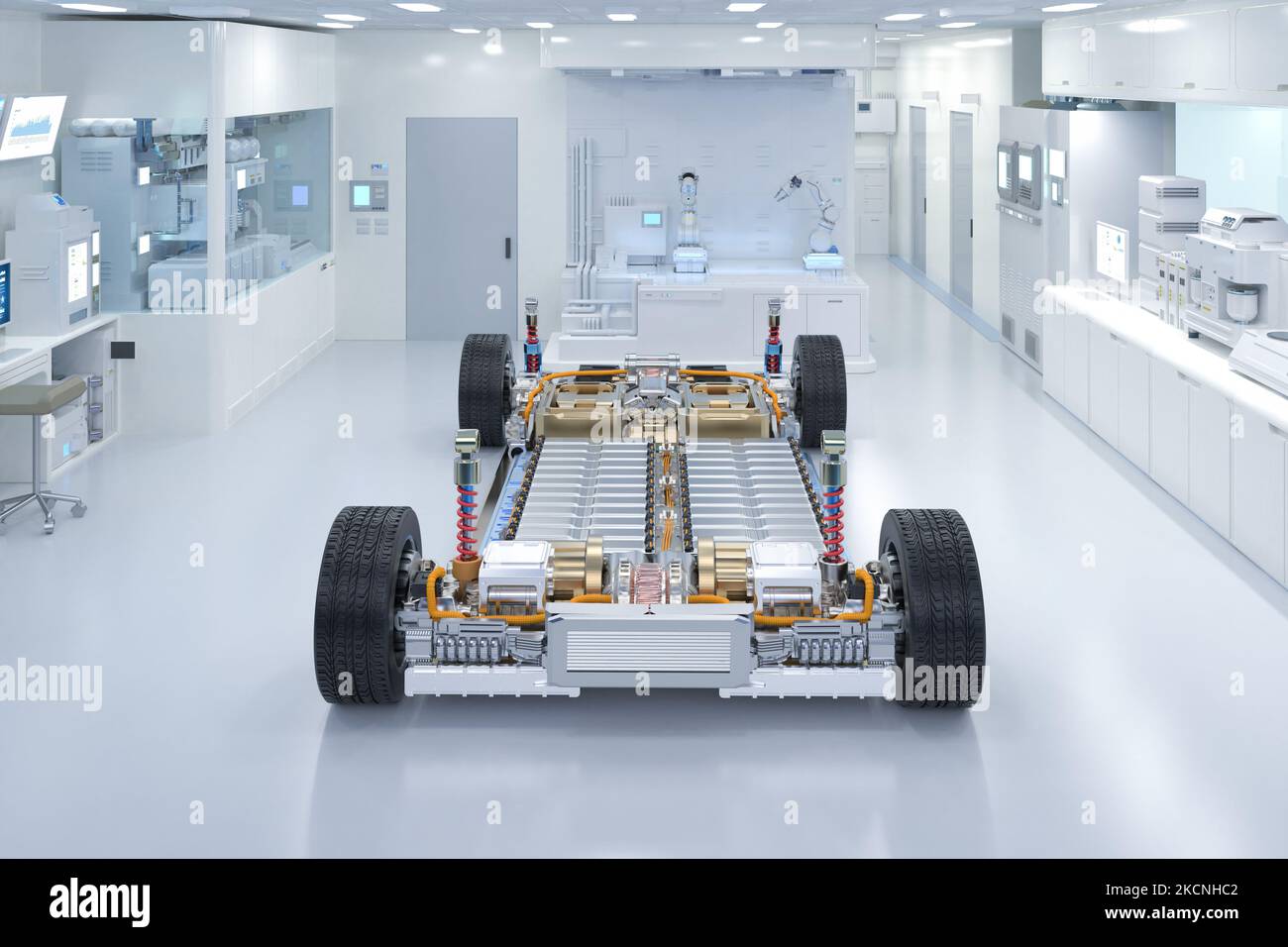 Electric car research and development with 3d rendering ev car with
