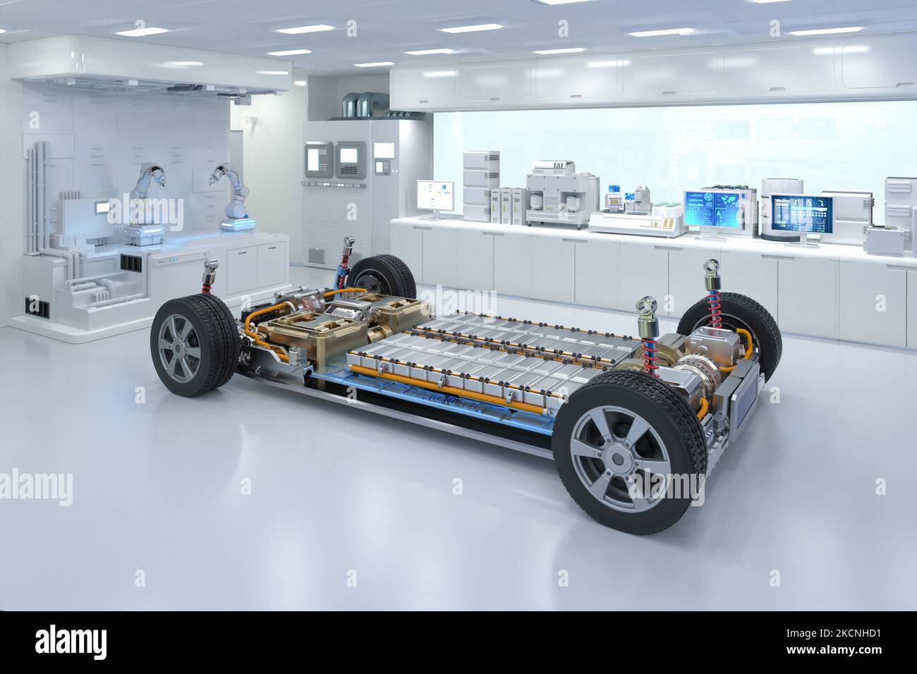 Electric car research and development with 3d rendering ev car with