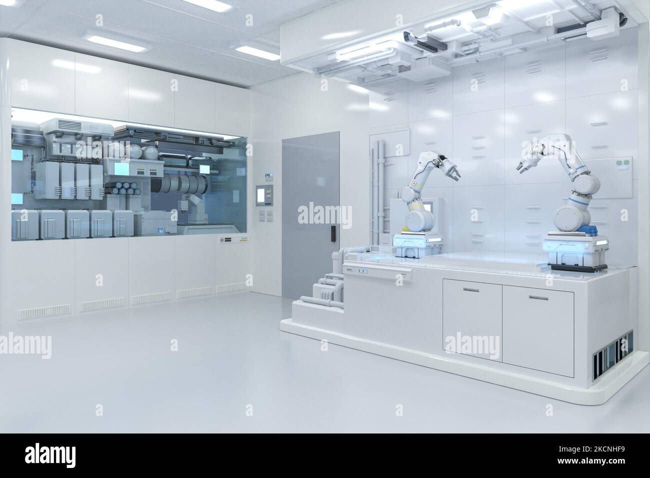 Automation laboratory concept with 3d rendering robotic arms in white ...