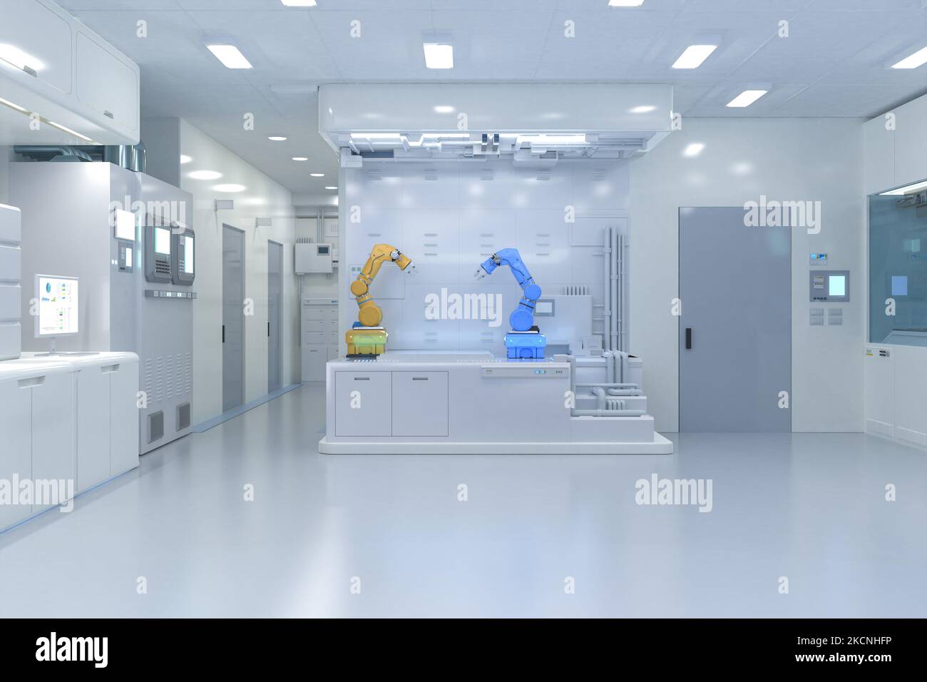 Automation laboratory concept with 3d rendering robotic arms in white