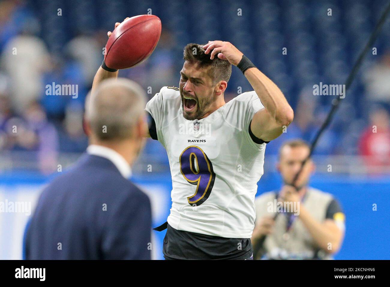 Baltimore Ravens kicker Justin Tucker (9) celebrates at the conclusion of the game after making the winning kick an NFL football game against the Detroit Lions in Detroit, Michigan USA, on Sunday, September 26, 2021. (Photo by Jorge Lemus/NurPhoto) Stock Photo