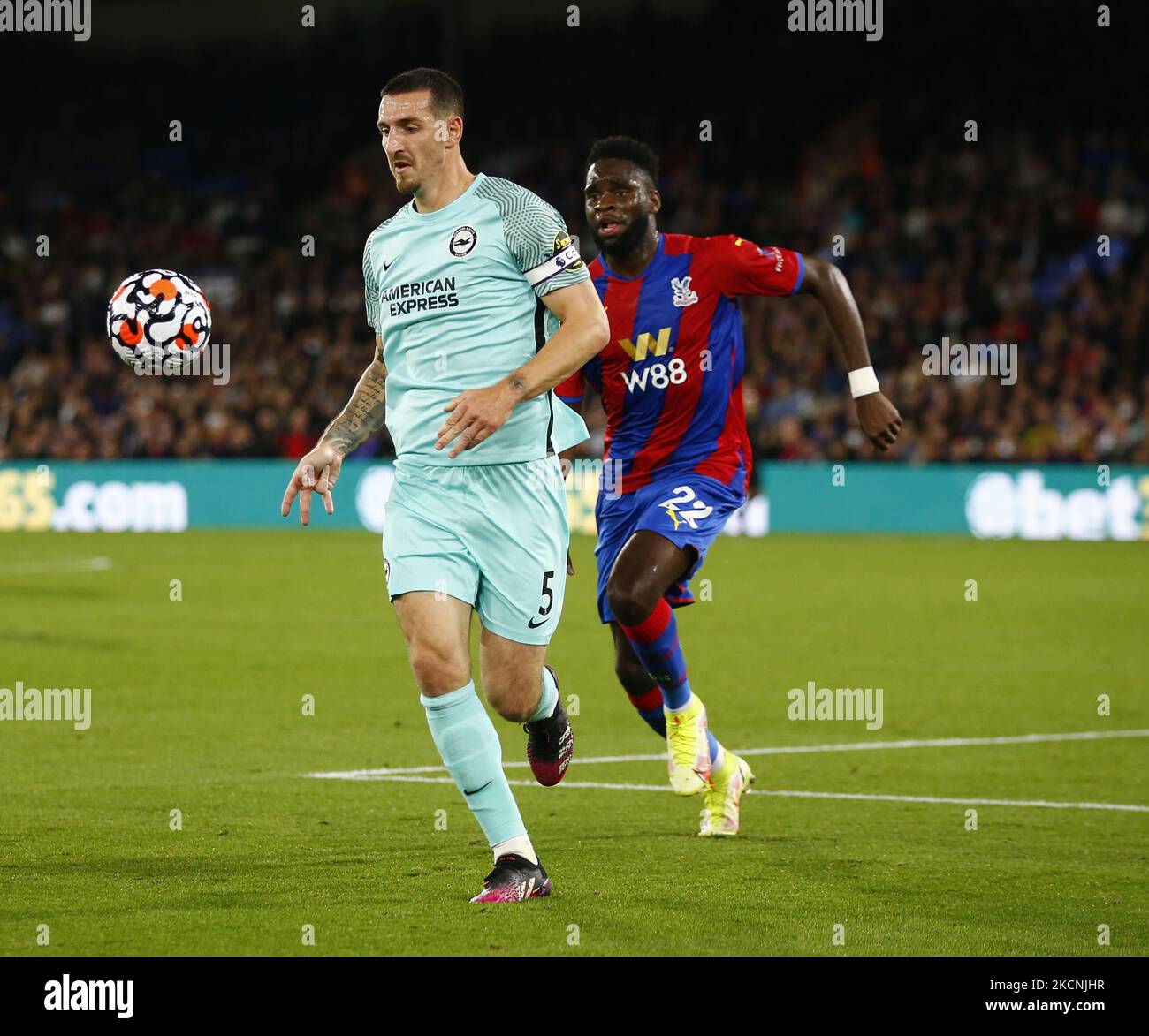 Brighton & Hove Albion's Lewis Dunk during Premier League between Crystal Palace and Brighton and Hove Albion at Selhurst Park Stadium, London on 27th September, 2021 (Photo by Action Foto Sport/NurPhoto) Stock Photo