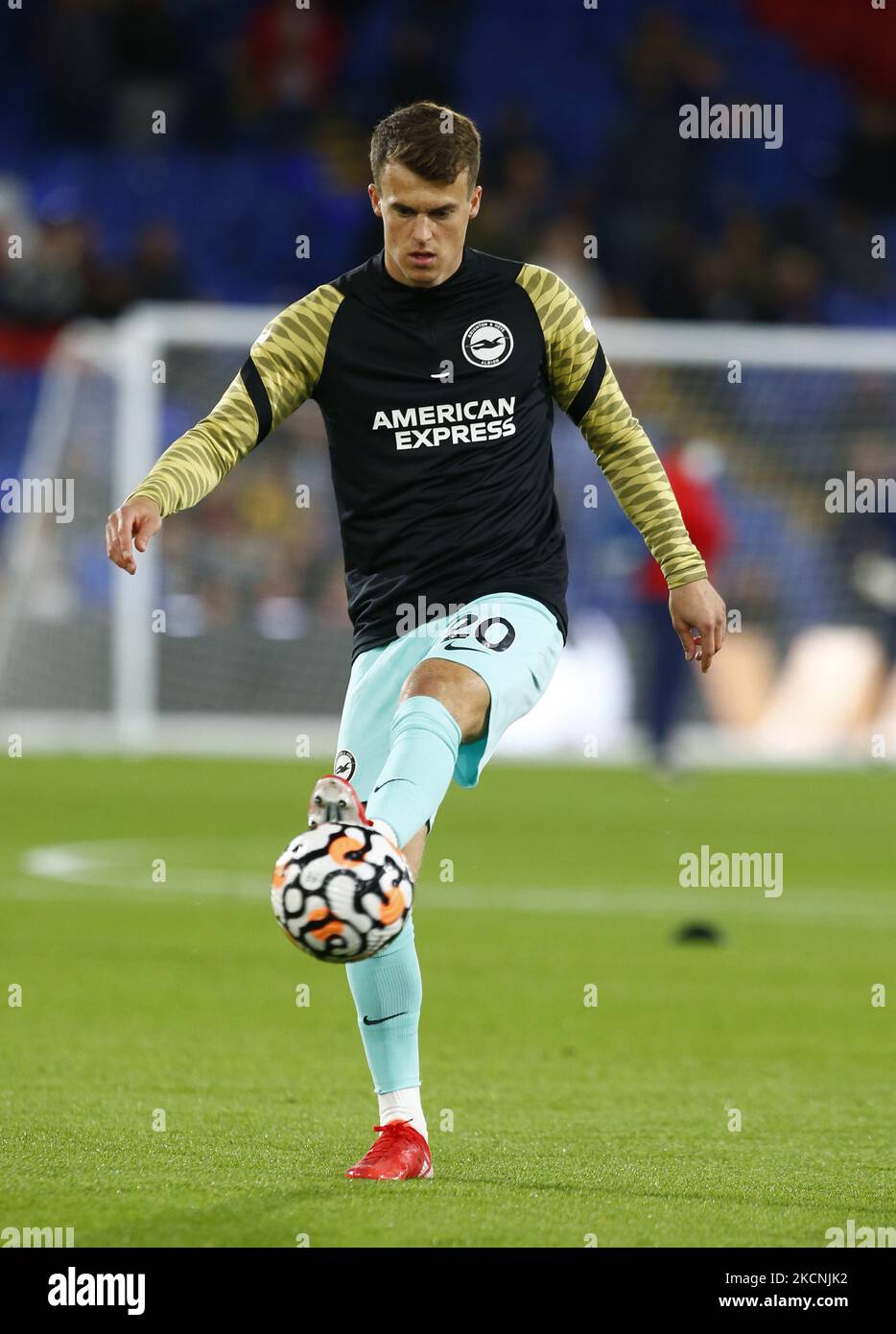 Brighton & Hove Albion's Solly March during the pre-match warm-up during Premier League between Crystal Palace and Brighton and Hove Albion at Selhurst Park Stadium, London on 27th September, 2021 (Photo by Action Foto Sport/NurPhoto) Stock Photo