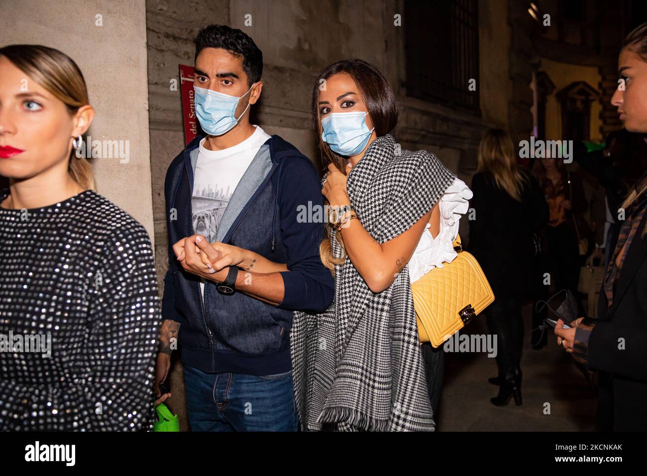 Filippo Magnini and Giorgia Palmas attends the Benetton United Colors of Ghali Fashion Show during the Milan Fashion Week Spring / Summer 2022 on September 21, 2021 in Milan, Italy. (Photo by Alessandro Bremec/NurPhoto) Stock Photo