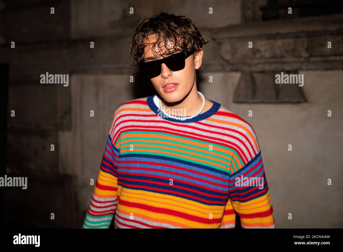 Ryan Prevedel attends the Benetton United Colors of Ghali Fashion Show  during the Milan Fashion Week Spring / Summer 2022 on September 21, 2021 in  Milan, Italy. (Photo by Alessandro Bremec/NurPhoto Stock Photo - Alamy
