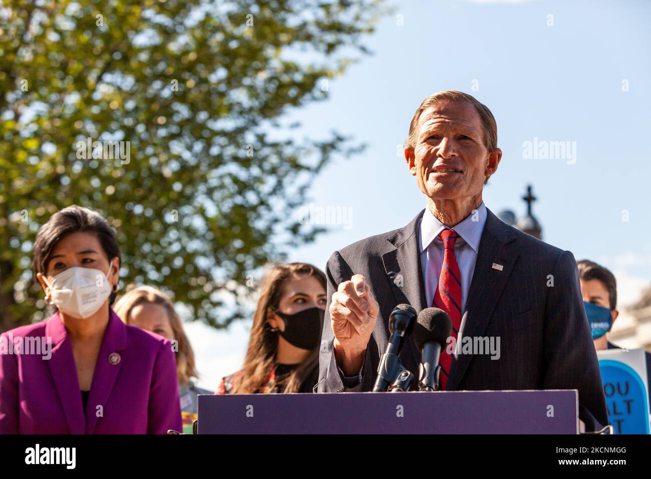 Congresswoman Judy Chu (D-CA) listens as Senator Richard Blumenthal (D-CT) speaks at a press conference on abortion access and the Women's Health Protection Act. (Photo by Allison Bailey/NurPhoto) Stock Photo