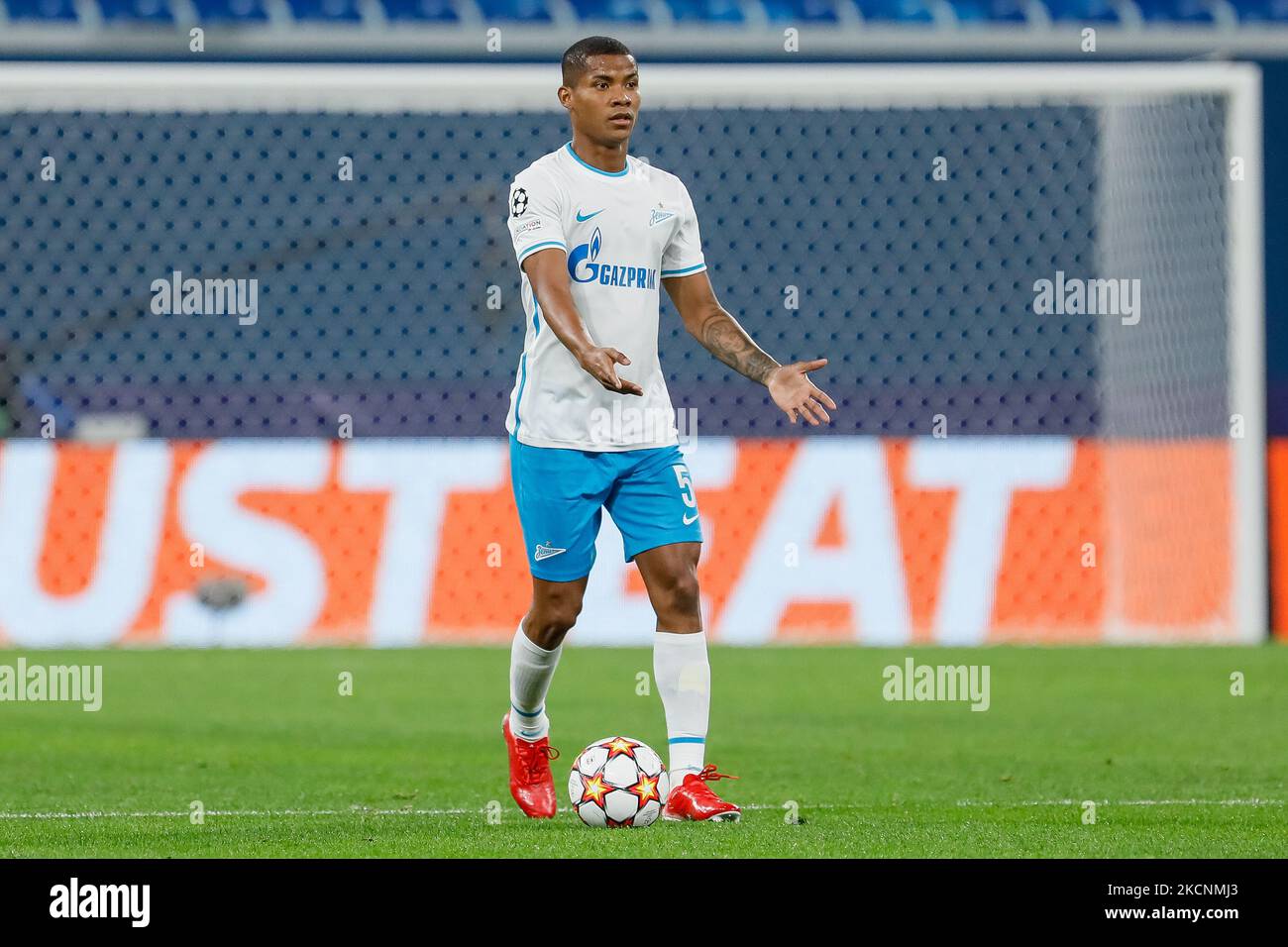 Wilmar Barrios of Zenit gestures during the UEFA Champions League Group H match between Zenit St. Petersburg and Malmo FF on September 29, 2021 at Gazprom Arena in Saint Petersburg, Russia. (Photo by Mike Kireev/NurPhoto) Stock Photo