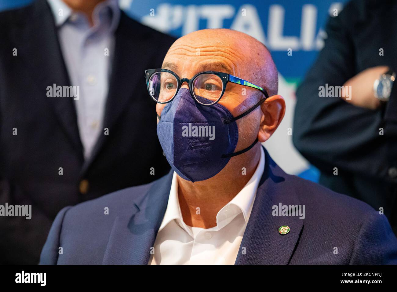 Luca Bernardo attends the Fratelli D’Italia press conference at Hotel The Square on September 05, 2021 in Milan, Italy. (Photo by Alessandro Bremec/NurPhoto) Stock Photo