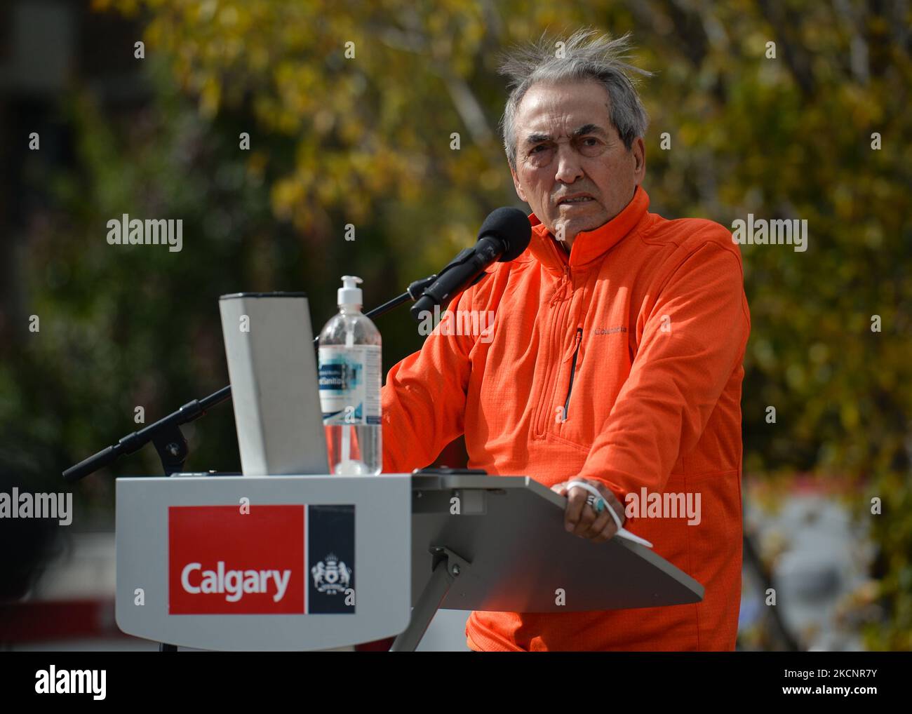 Phil Fontaine, an Aboriginal Canadian leader and a former National Chief of the Assembly of First Nations, speaks during an outdoor official ceremony at Fort Calgary, as the City of Calgary commemorates Orange Shirt Day, and observes the first National Day for Truth and Reconciliation (a federal statutory holiday). On Thursday, 30 September 2021, in Fort Calgary, Calgary, Alberta, Canada. (Photo by Artur Widak/NurPhoto) Stock Photo