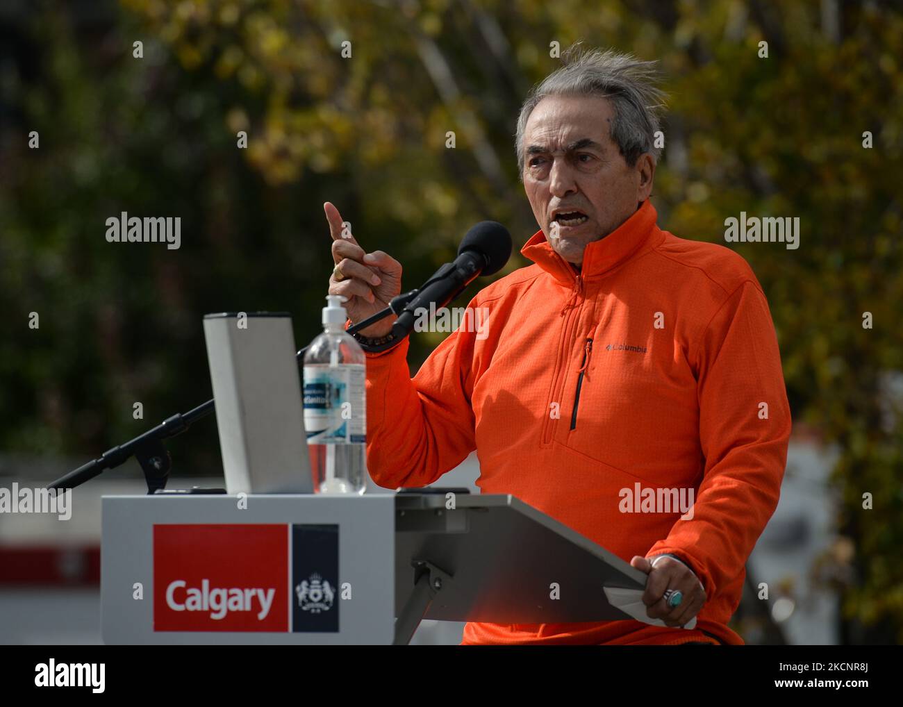 Phil Fontaine, an Aboriginal Canadian leader and a former National Chief of the Assembly of First Nations, speaks during an outdoor official ceremony at Fort Calgary, as the City of Calgary commemorates Orange Shirt Day, and observes the first National Day for Truth and Reconciliation (a federal statutory holiday). On Thursday, 30 September 2021, in Fort Calgary, Calgary, Alberta, Canada. (Photo by Artur Widak/NurPhoto) Stock Photo