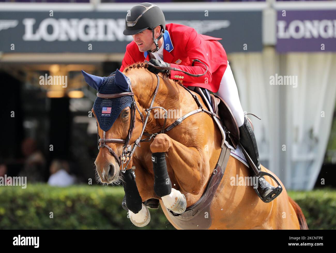 Michael Hughes riding Maya-S during the Copa Negrita, corresponding to the 109th edition of the Longines FEI Jumping Nations Cup Jumping Final, held at the Polo Club on 01st October 2021, in Barcelona, Spain. (Photo by Joan Valls/Urbanandsport/NurPhoto) Stock Photo
