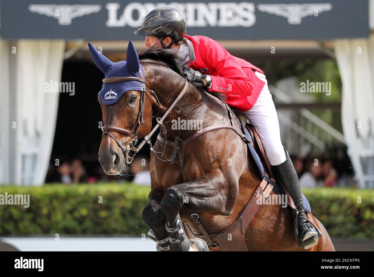Martin Fuchs riding The Sinner during the Copa Negrita, corresponding to the 109th edition of the Longines FEI Jumping Nations Cup Jumping Final, held at the Polo Club on 01st October 2021, in Barcelona, Spain. (Photo by Joan Valls/Urbanandsport/NurPhoto) Stock Photo