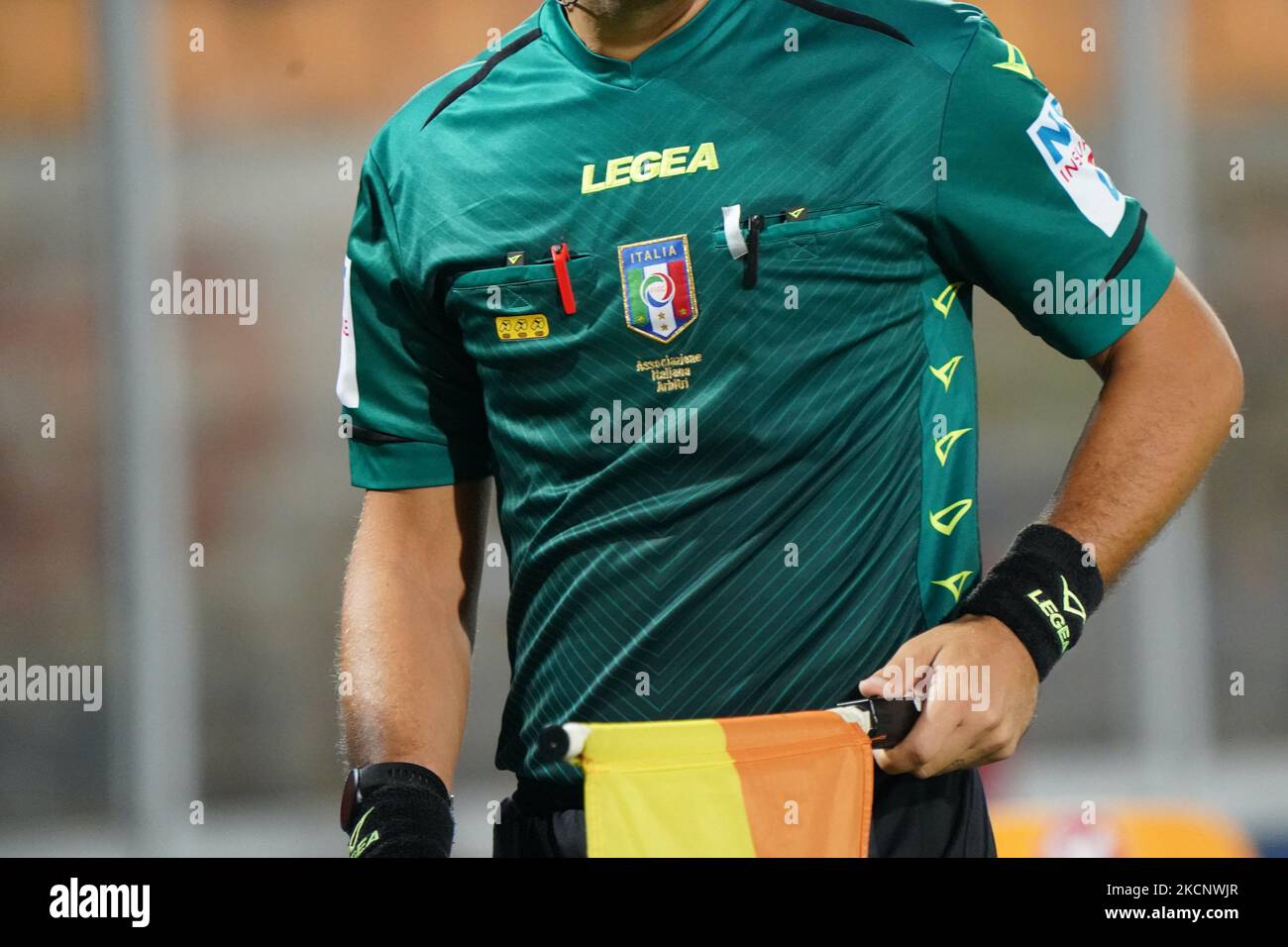 referee shirt during the Italian Football Championship League BKT US Lecce vs AC Monza on October 01, 2021 at the Via del Mare stadium in Lecce, Italy (Photo by Emmanuele Mastrodonato/LiveMedia/NurPhoto) Stock Photo