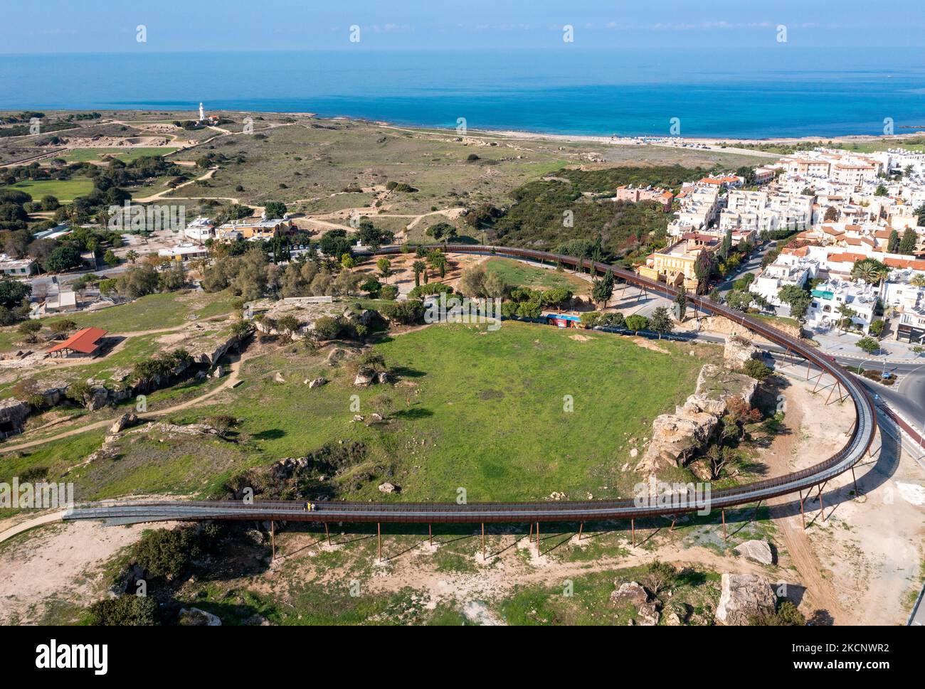 Aerial view of new elevated walkway that links Paphos Archaeological Park with Fabrica Hill , Paphos, Cyprus Stock Photo