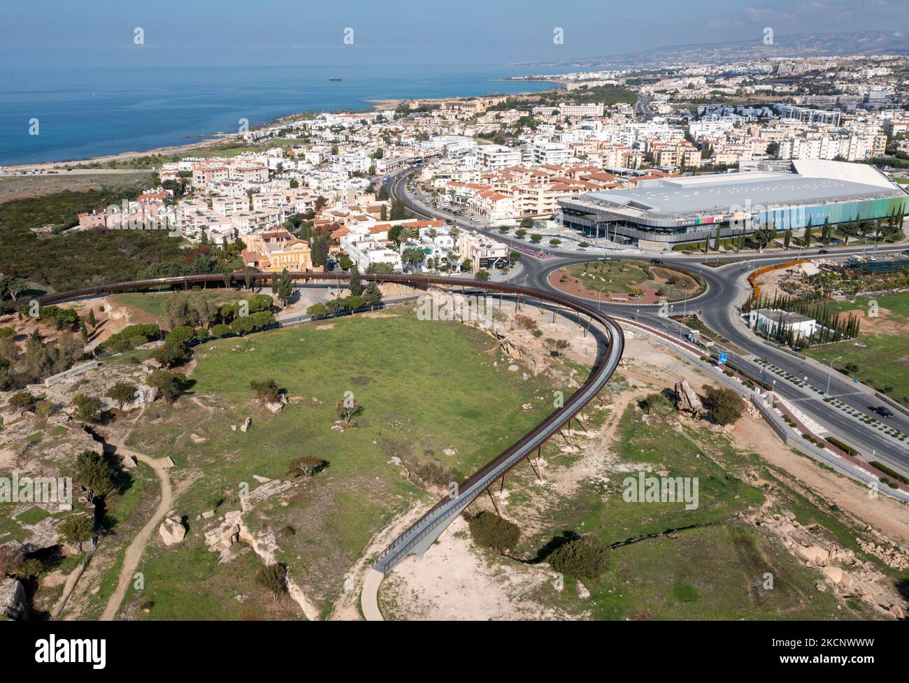 Aerial view of new elevated walkway that links Paphos Archaeological Park with Fabrica Hill 
