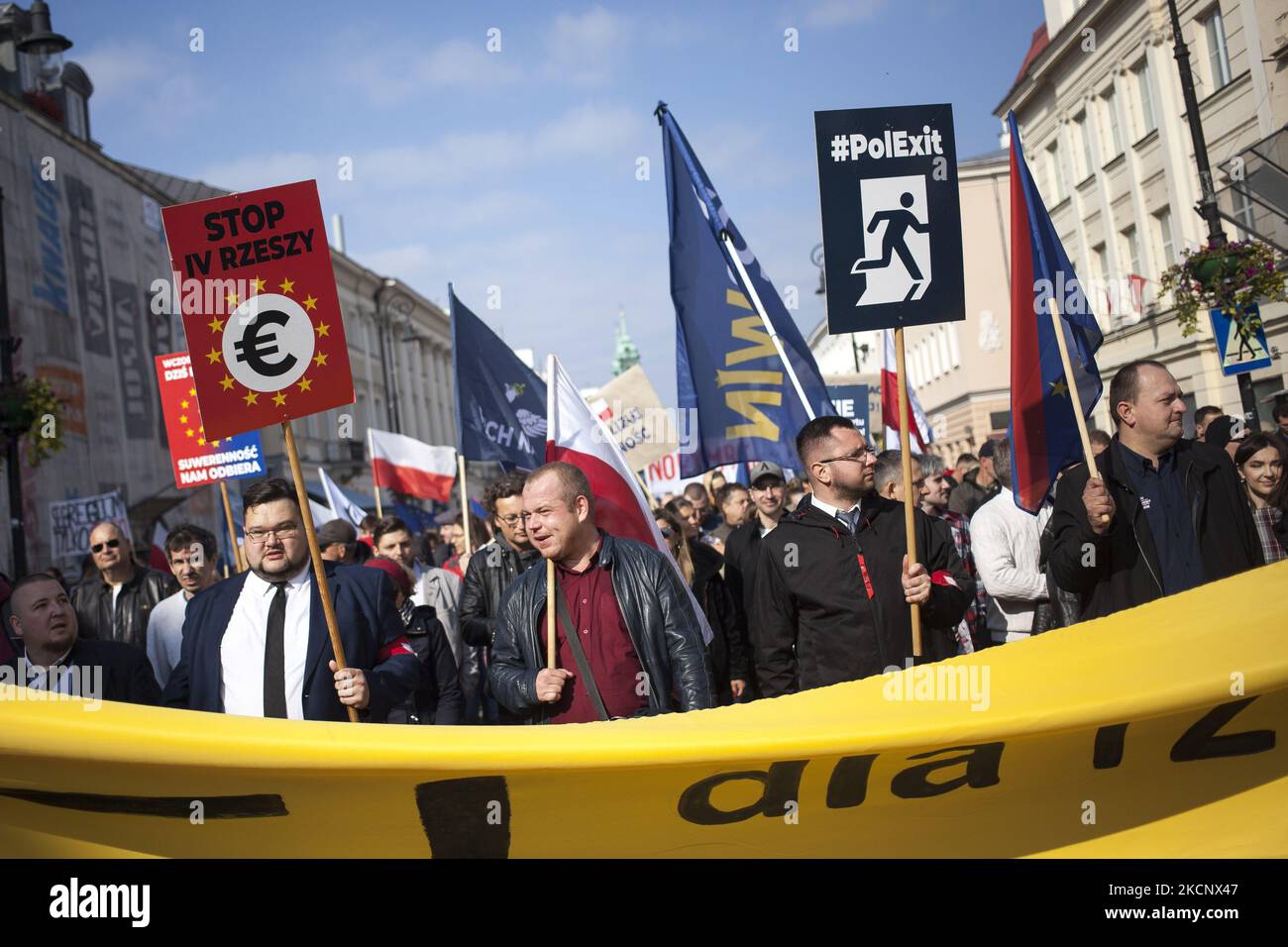 Supporters of polexit seen during protest against compulsory vaccination and sanitary segregation in Warsaw on October 2, 2021. (Photo by Maciej Luczniewski/NurPhoto) Stock Photo