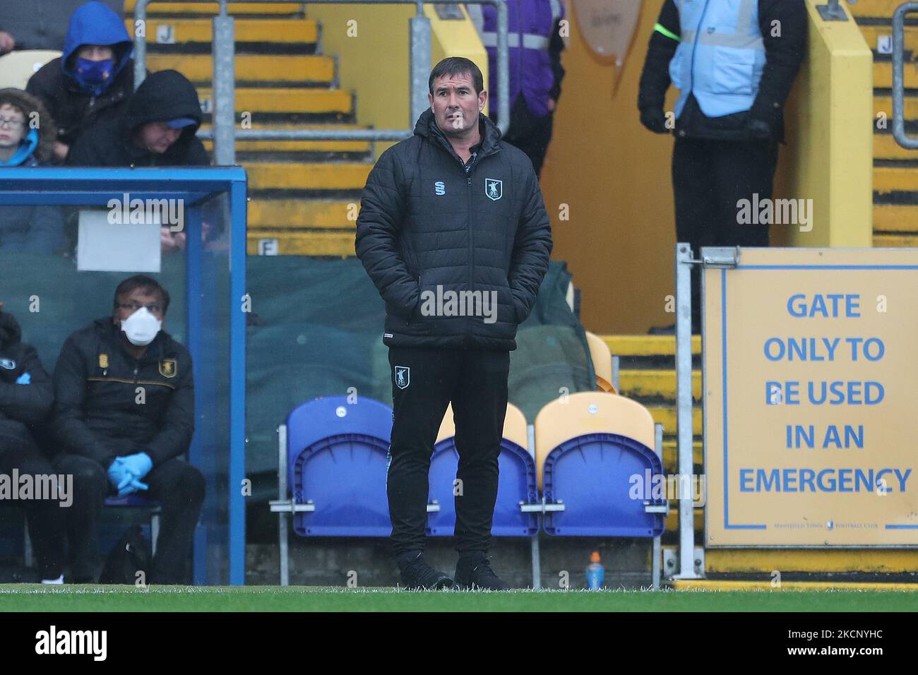 . Mansfield Town manager Nigel Clough during the Sky Bet League 2 match between Mansfield Town and Barrow at the One Call Stadium, Mansfield on Saturday 2nd October 2021. (Photo by Mark Fletcher/MI News/NurPhoto) Stock Photo