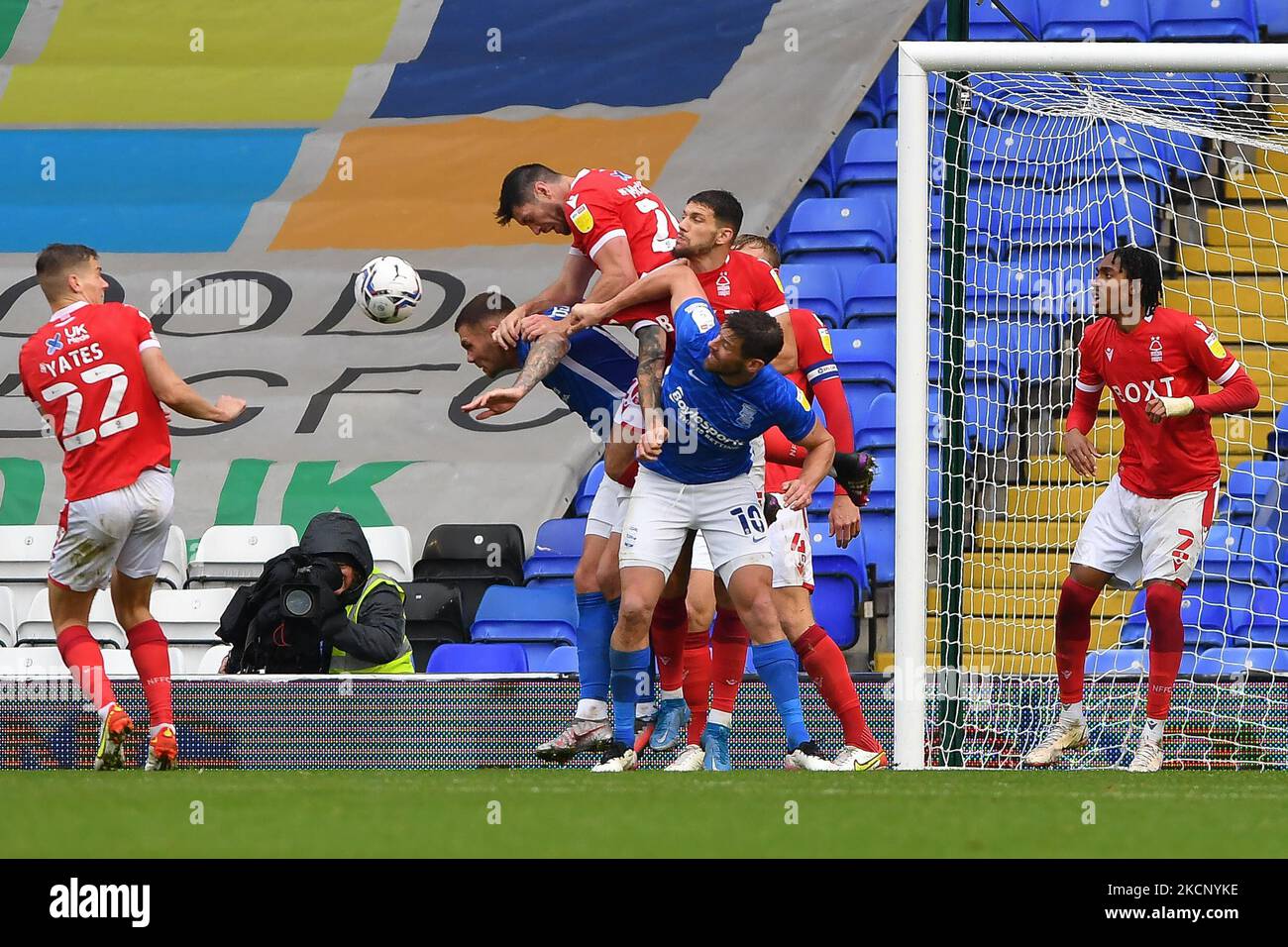 Scott McKenna of Nottingham Forest battles for the ball during the Sky Bet Championship match between Birmingham City and Nottingham Forest at St Andrews, Birmingham on Saturday 2nd October 2021. (Photo by Jon Hobley/MI News/NurPhoto) Stock Photo