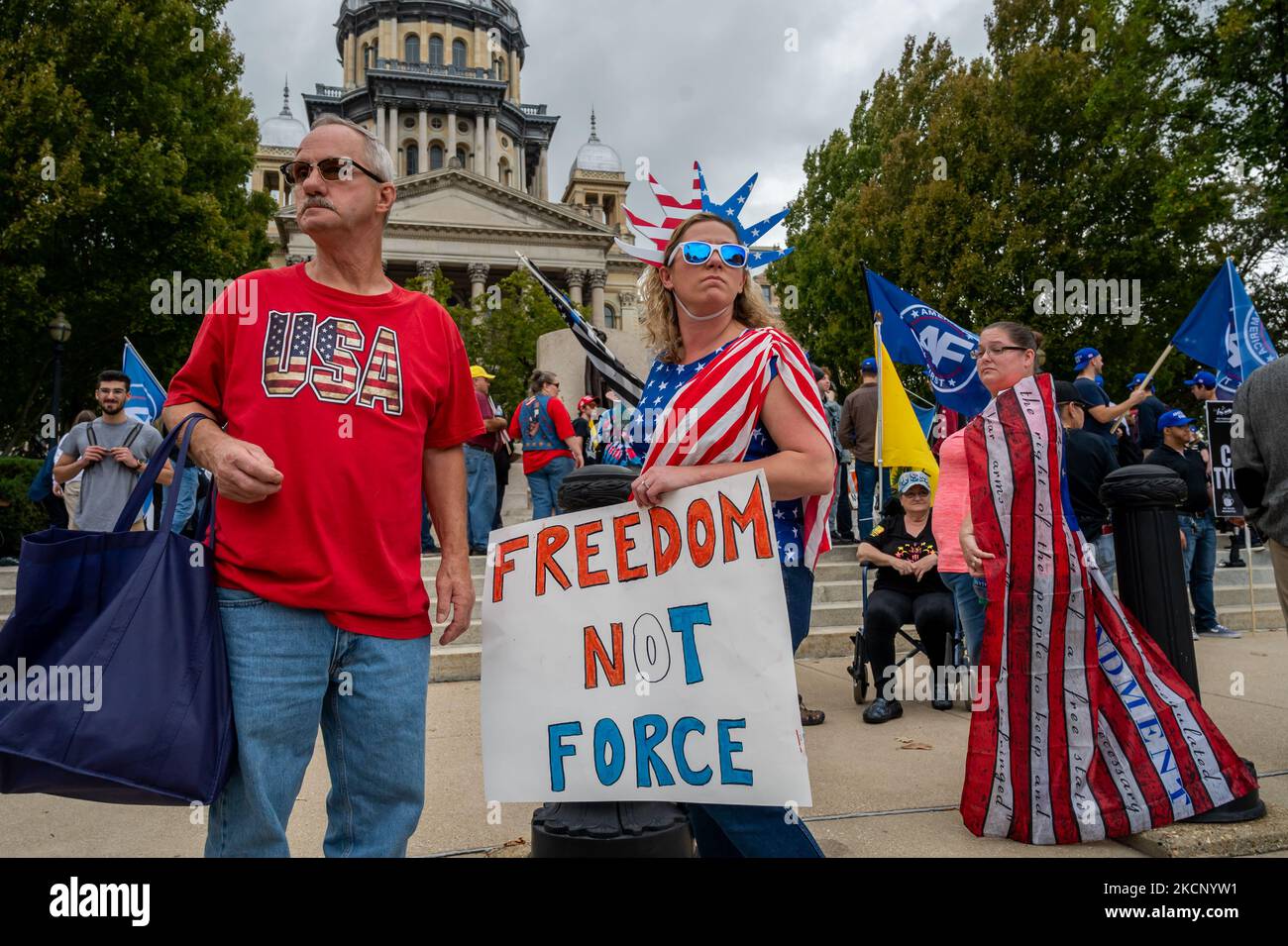 An anti-COVID tyranny protest is seen outside the Illinois State Capitol on October 2, 2021 in Springfield, Illinois, United States. The event was organized by America First host Nicholas Fuentes, as Anthime Gionet (also known as Baked Alaska) was in attendance. The protest entailed anti-vaccine mandate, no mask mandate, no forced vaccination and no vaccine passport initiatives. (Photo by Patrick Gorski/NurPhoto) Stock Photo