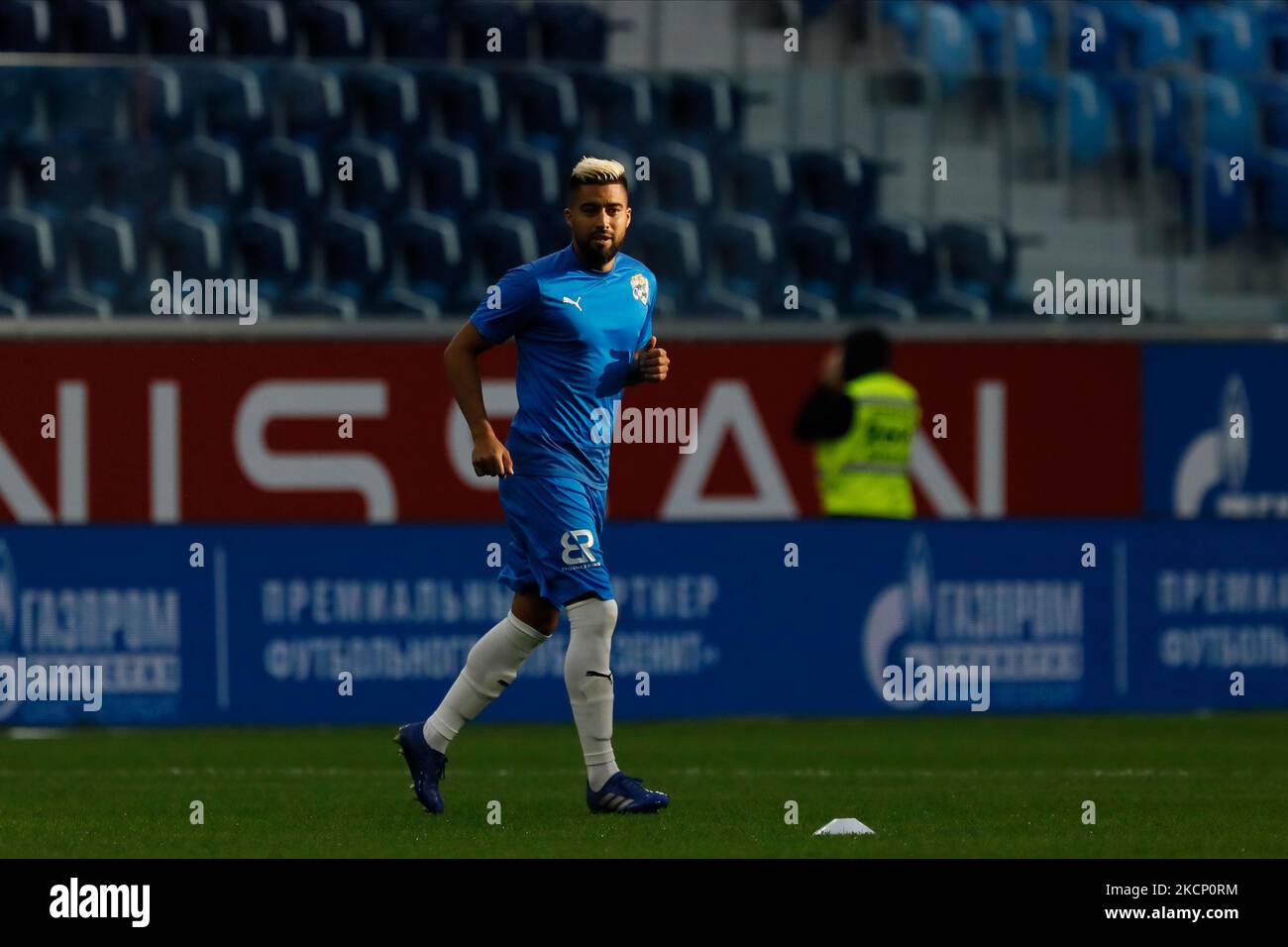 Christian Noboa of Sochi during the warm-up ahead of the Russian Premier League match between FC Zenit Saint Petersburg and FC Sochi on October 3, 2021 at Gazprom Arena in Saint Petersburg, Russia. (Photo by Mike Kireev/NurPhoto) Stock Photo