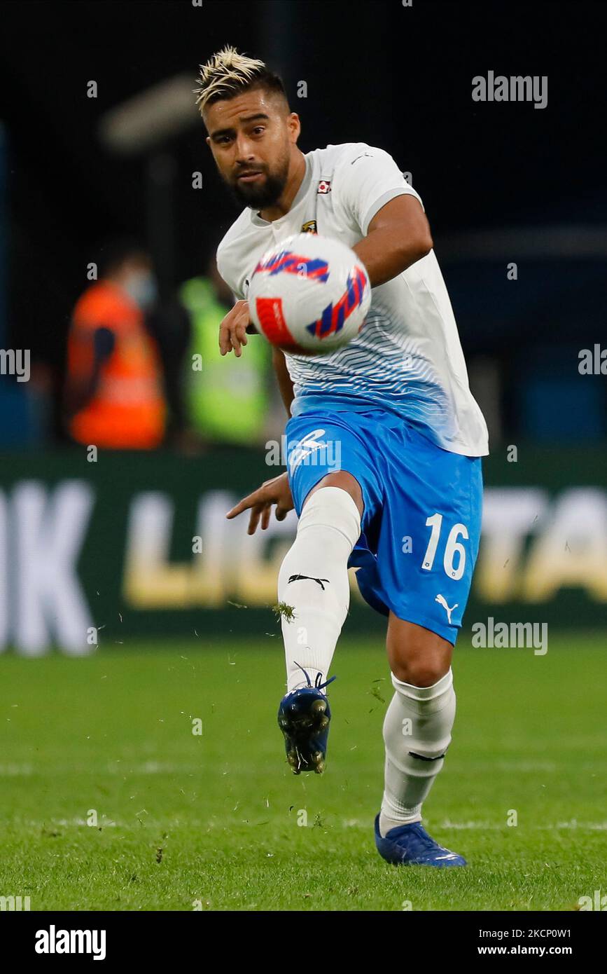 Christian Noboa of Sochi passes the ball during the Russian Premier League match between FC Zenit Saint Petersburg and FC Sochi on October 3, 2021 at Gazprom Arena in Saint Petersburg, Russia. (Photo by Mike Kireev/NurPhoto) Stock Photo