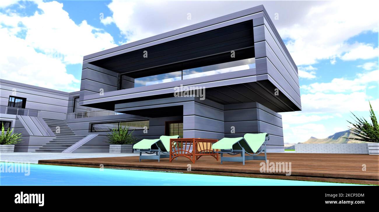 View of Luxury real estate of the future. A high-tech smart home with an energy ...