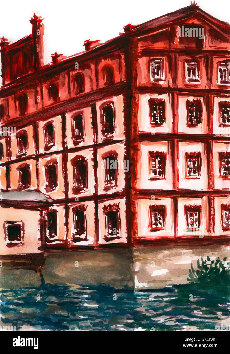 Ancient building over river. Watercolor on paper. Stock Photo