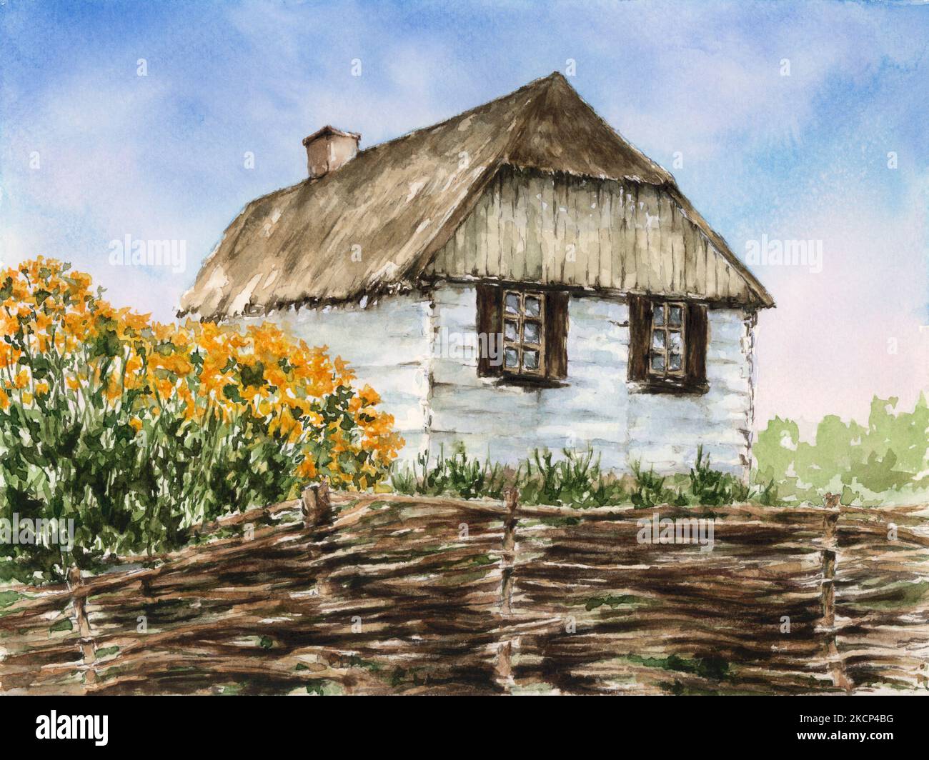 Wooden rustical house. Watercolor on paper Stock Photo Alamy