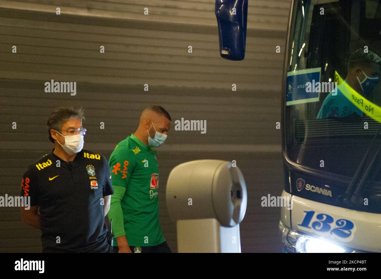 Brazil's football team Weverton as members of the Brazil federation of football team board their bus at the Grand Hyatt Hotel in Bogota, Colombia to be transported to the Techo stadium for practice against the qualifying matches between Venezuela and Colombia, on October 4, 2021. (Photo by Sebastian Barros/NurPhoto) Stock Photo