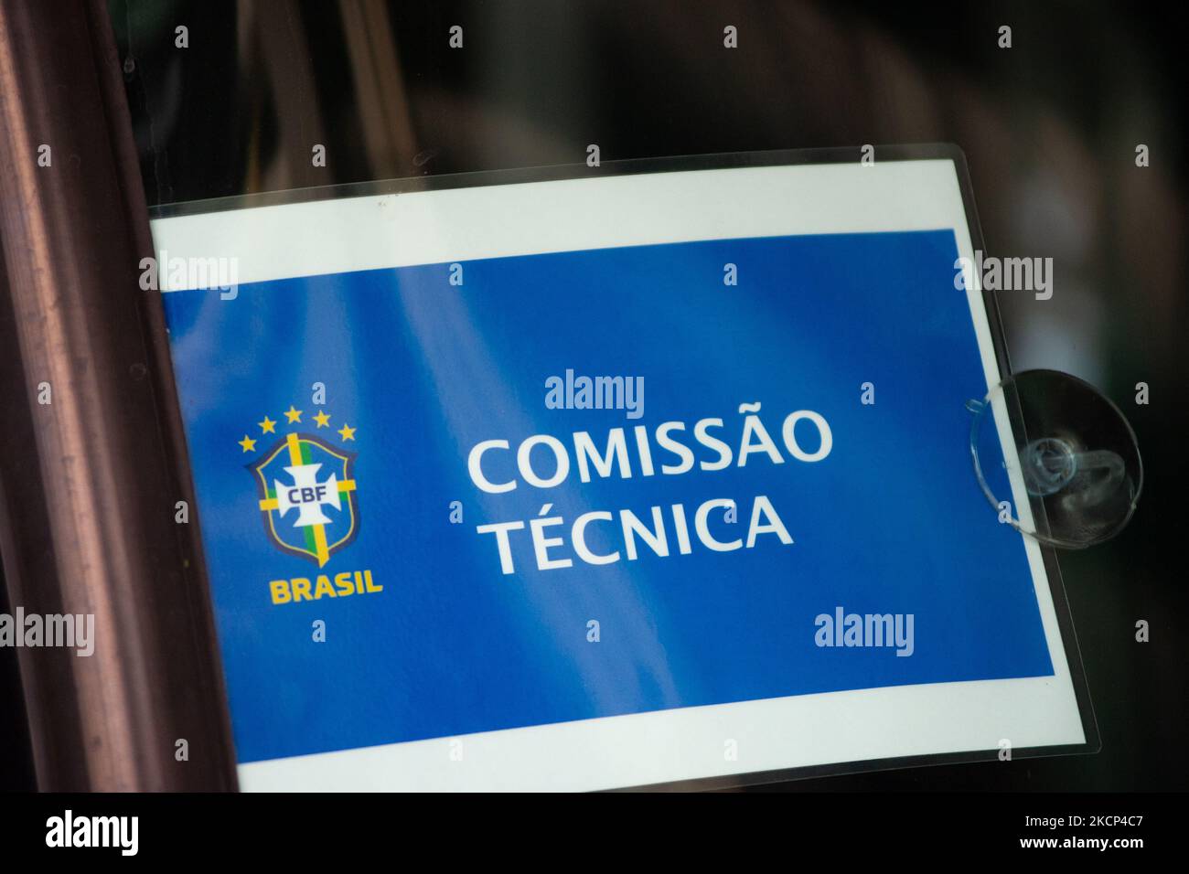 A sign that reads 'technical committee' in a bus as members of the Brazil federation of football team board their bus at the Grand Hyatt Hotel in Bogota, Colombia to be transported to the Techo stadium for practice against the qualifying matches between Venezuela and Colombia, on October 4, 2021. (Photo by Sebastian Barros/NurPhoto) Stock Photo