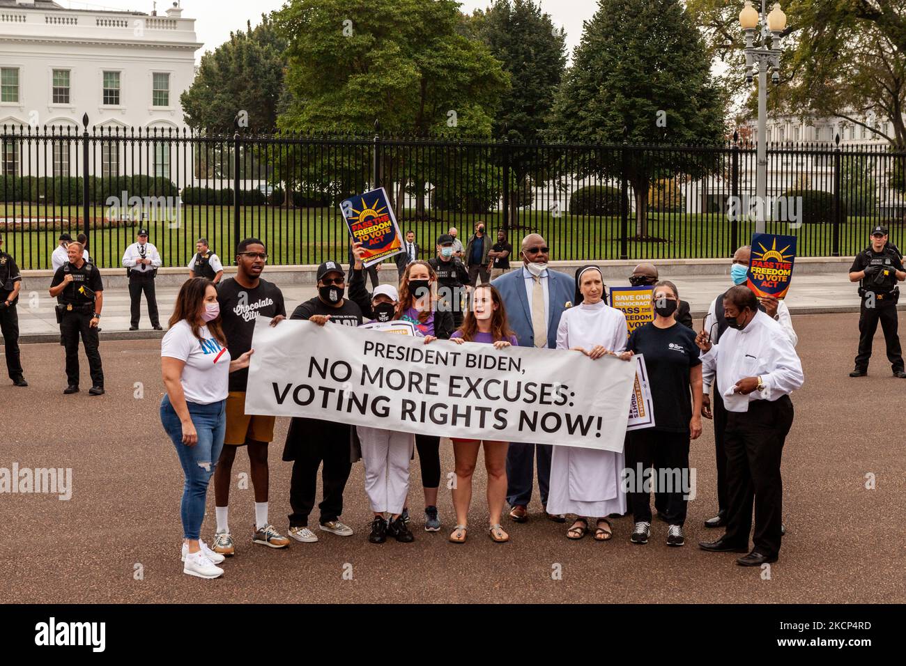 Voting rights activists risk arrest at the White House demanding that the Biden Administration take the lead on voting rights and pressure Congress to pass legislation protecting the right to vote. (Photo by Allison Bailey/NurPhoto) Stock Photo