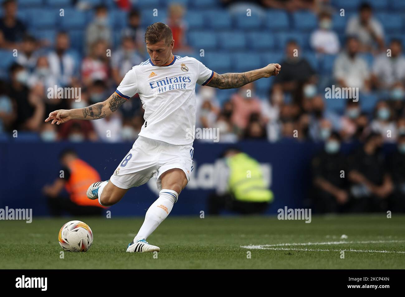 Toni Kroos of Real Madrid does passed during the La Liga Santander match between RCD Espanyol and Real Madrid CF at RCDE Stadium on October 3, 2021 in Barcelona, Spain. (Photo by Jose Breton/Pics Action/NurPhoto) Stock Photo