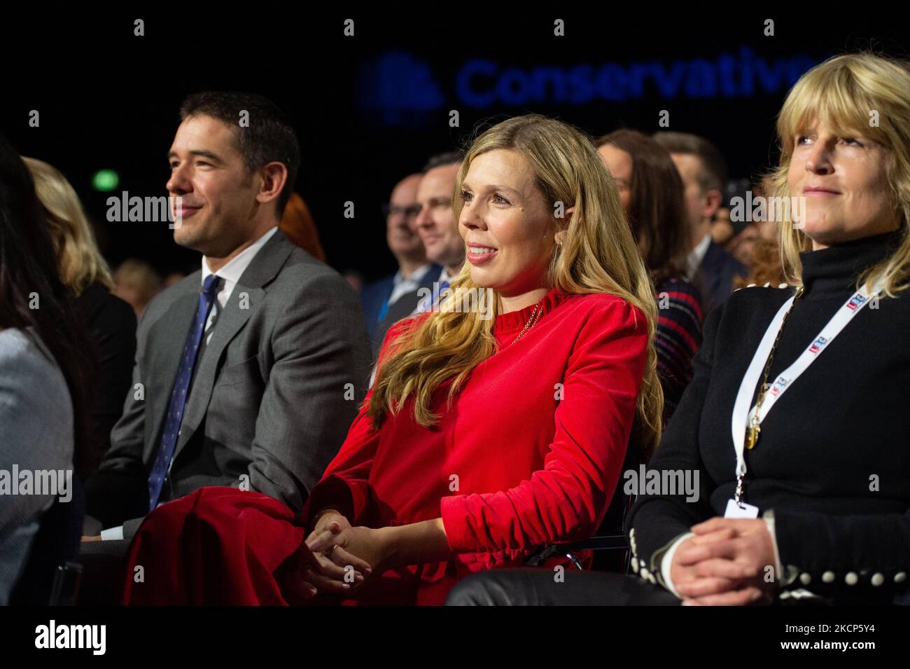 Carrie Johnson, wife of Prime Minister Boris Johnson, watches Johnson's speech on day four of the Conservative Party Conference at Manchester Central, Manchester on Wednesday 6th October 2021. (Photo by MI News/NurPhoto) Stock Photo