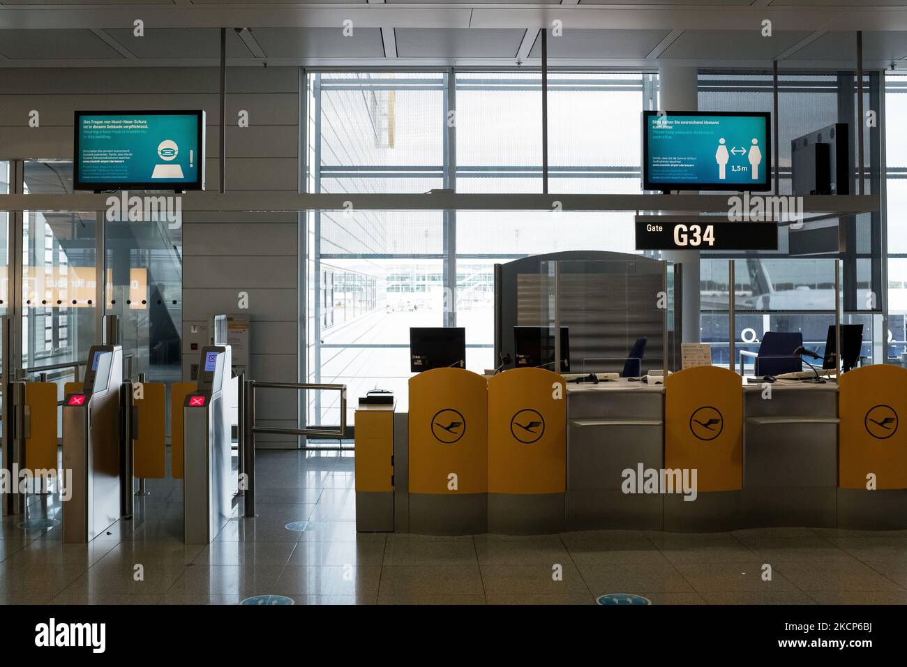 Lufthansa airline desk at the Munich International Airport in Munich ...