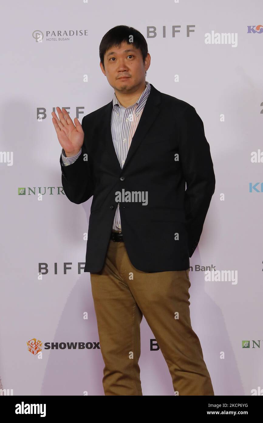 Director Ryusuke Hamaguchi stand pose for opening photo wall ceremony during the 26th Busan International Film Festival Opening event at Busan Cinema Center on October 06, 2021 in Busan, South Korea. (Photo by Seung-il Ryu/NurPhoto) Stock Photo
