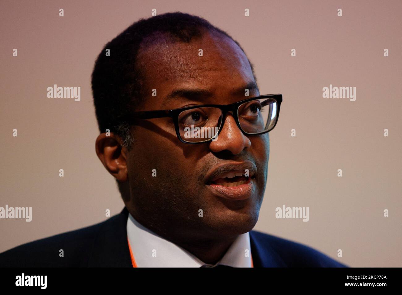 British Secretary of State for Business, Energy and Industrial Strategy Kwasi Kwarteng, Conservative Party MP for Spelthorne, addresses the Energy UK Annual Conference at the One Birdcage Walk events venue in Westminster in London, England, on October 7, 2021. Industry analysts warned today that British households could see energy bills rise by hundreds of pounds next year as record wholesale prices are passed on to consumers. (Photo by David Cliff/NurPhoto) Stock Photo
