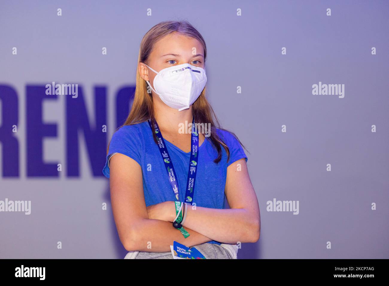 Swedish climate activist Greta Thunberg attends the Youth4Climate Pre-COP Event at MiCo Convention Centre on September 28, 2021 in Milan, Italy. (Photo by Alessandro Bremec/NurPhoto) Stock Photo
