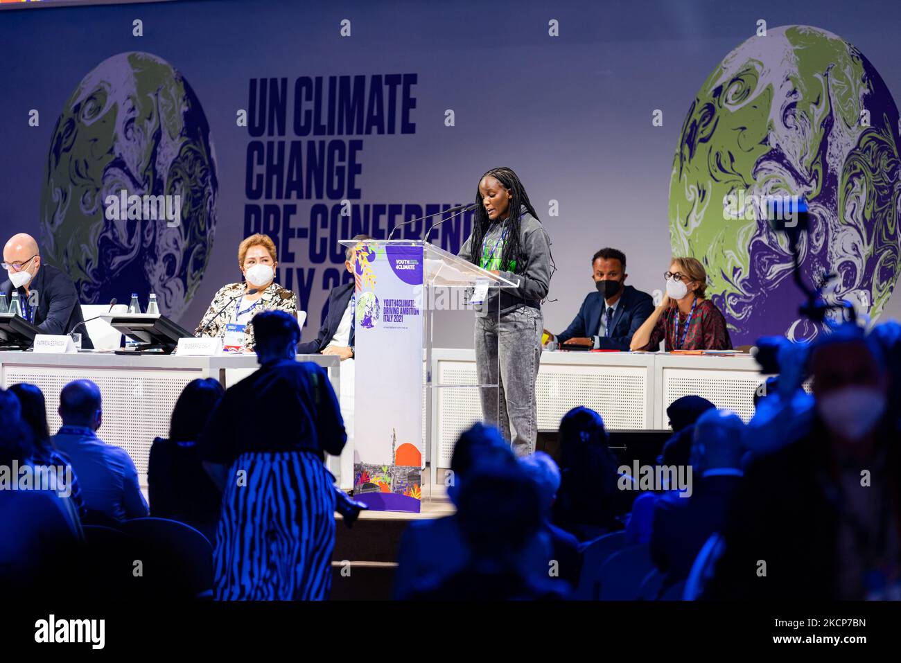 Vanessa Nakate attends the Youth4Climate Pre-COP Event at MiCo Convention Centre on September 28, 2021 in Milan, Italy. (Photo by Alessandro Bremec/NurPhoto) Stock Photo
