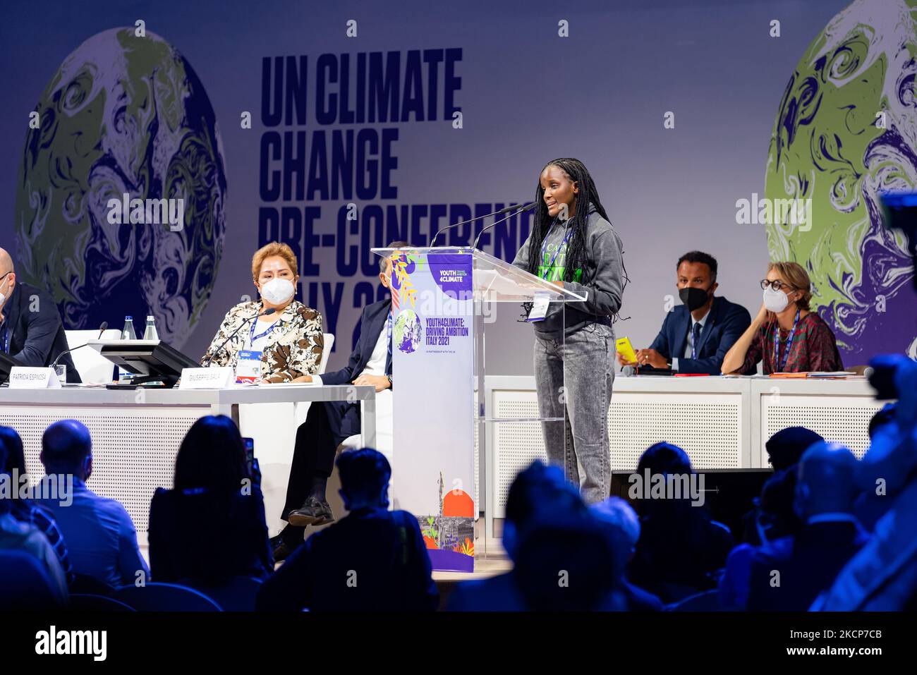 Vanessa Nakate attends the Youth4Climate Pre-COP Event at MiCo Convention Centre on September 28, 2021 in Milan, Italy. (Photo by Alessandro Bremec/NurPhoto) Stock Photo