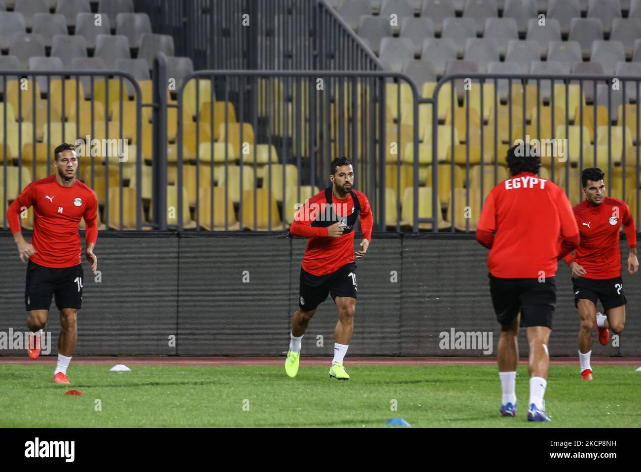 Abdullah Al-Saeed and Ramadan Sobhi participate in training on October 9, before the Egypt-Libya match scheduled for October 10 at Borg El Arab Stadium. (Photo by Ayman Aref/NurPhoto) Stock Photo