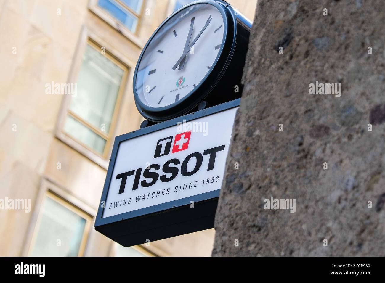 Tissot logo is seen near the store in Milan, Italy on October 6, 2021. (Photo by Jakub Porzycki/NurPhoto) Stock Photo