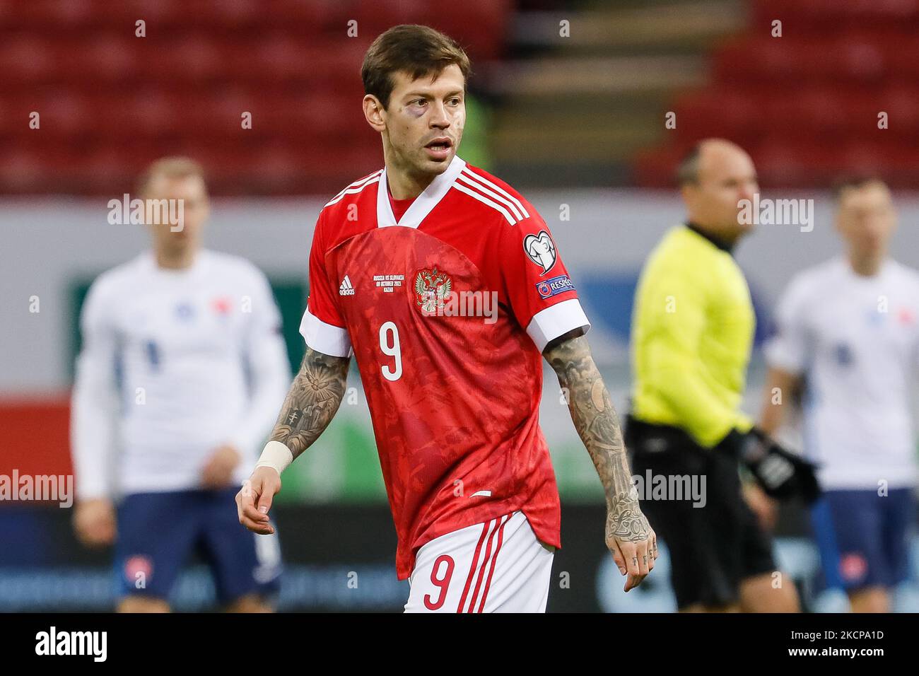 Fedor Smolov of Russia looks on during the FIFA World Cup Qatar 2022 Group H european qualification football match between Russia and Slovakia on October 8, 2021 at Ak Bars Arena in Kazan, Russia. (Photo by Mike Kireev/NurPhoto) Stock Photo