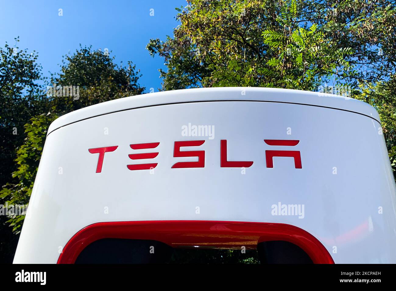 Tesla Supercharger at a gas station in Katowice, Poland on October 9