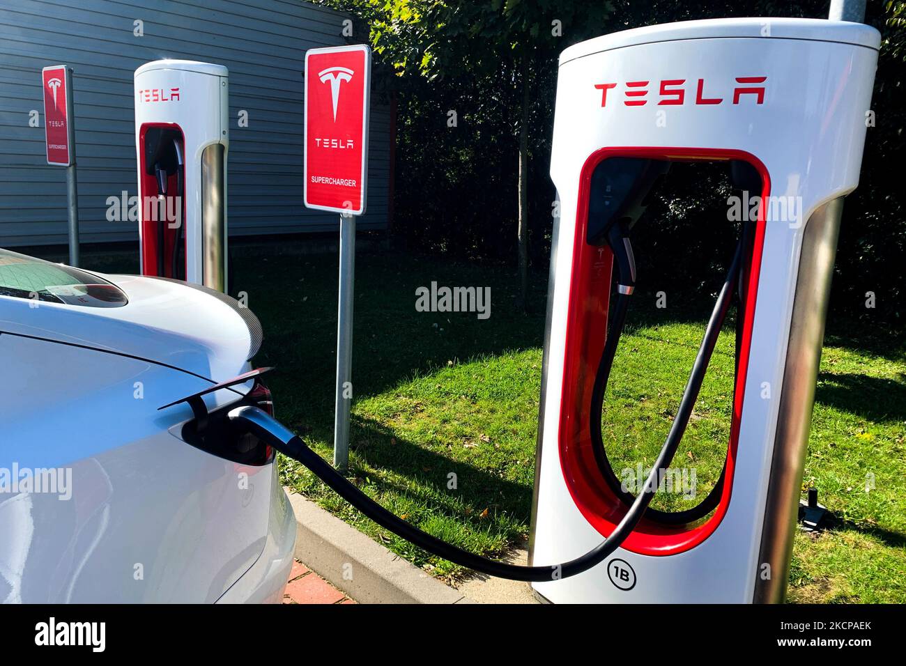 Tesla Supercharger at a gas station in Katowice, Poland on October 9
