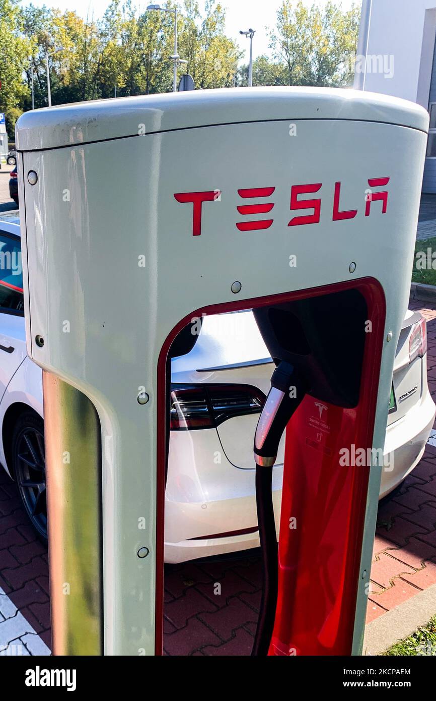 Tesla Supercharger at a gas station in Katowice, Poland on October 9