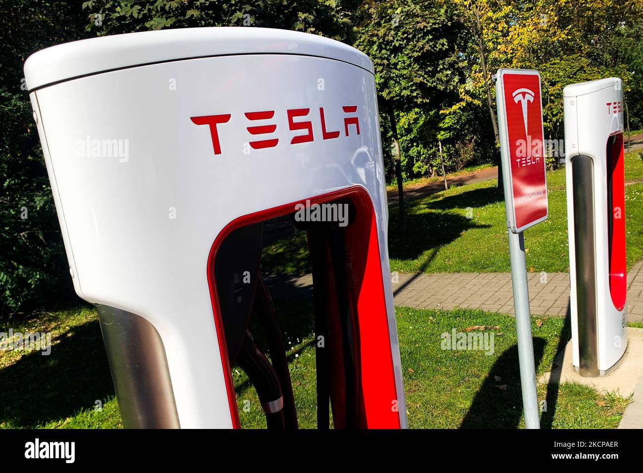 Tesla Supercharger at a gas station in Katowice, Poland on October 9
