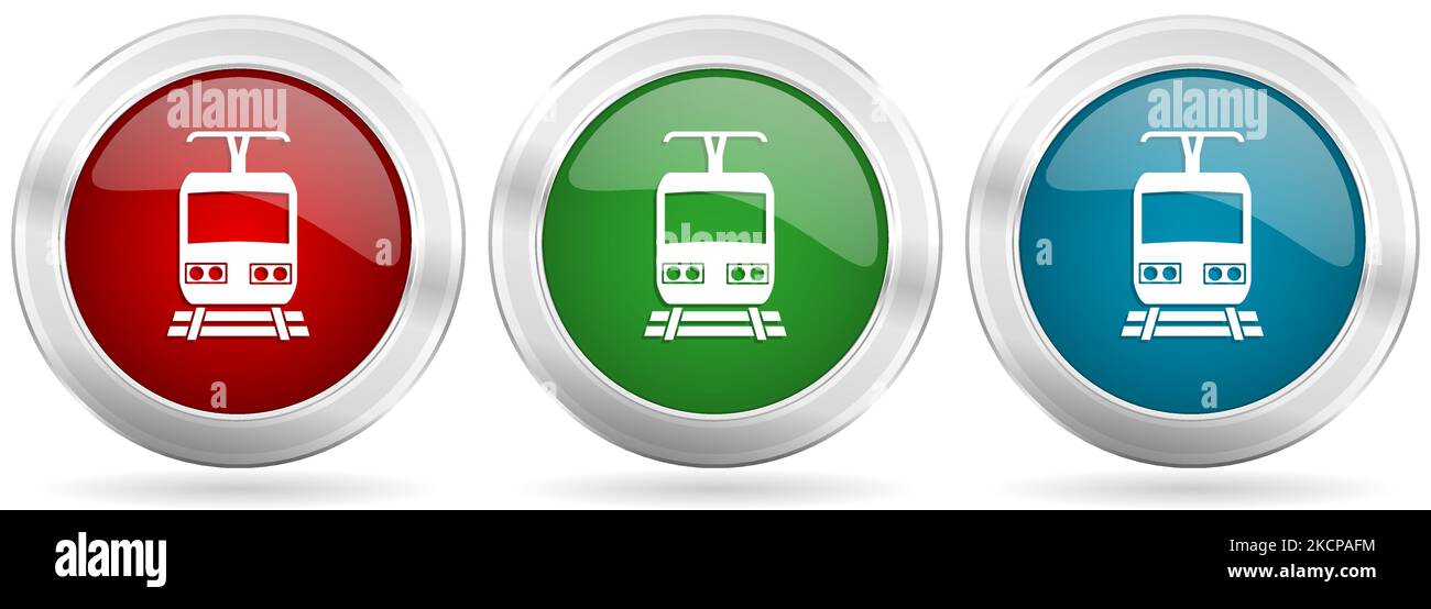 Train vector icon set. Red, blue and green silver metallic web buttons ...